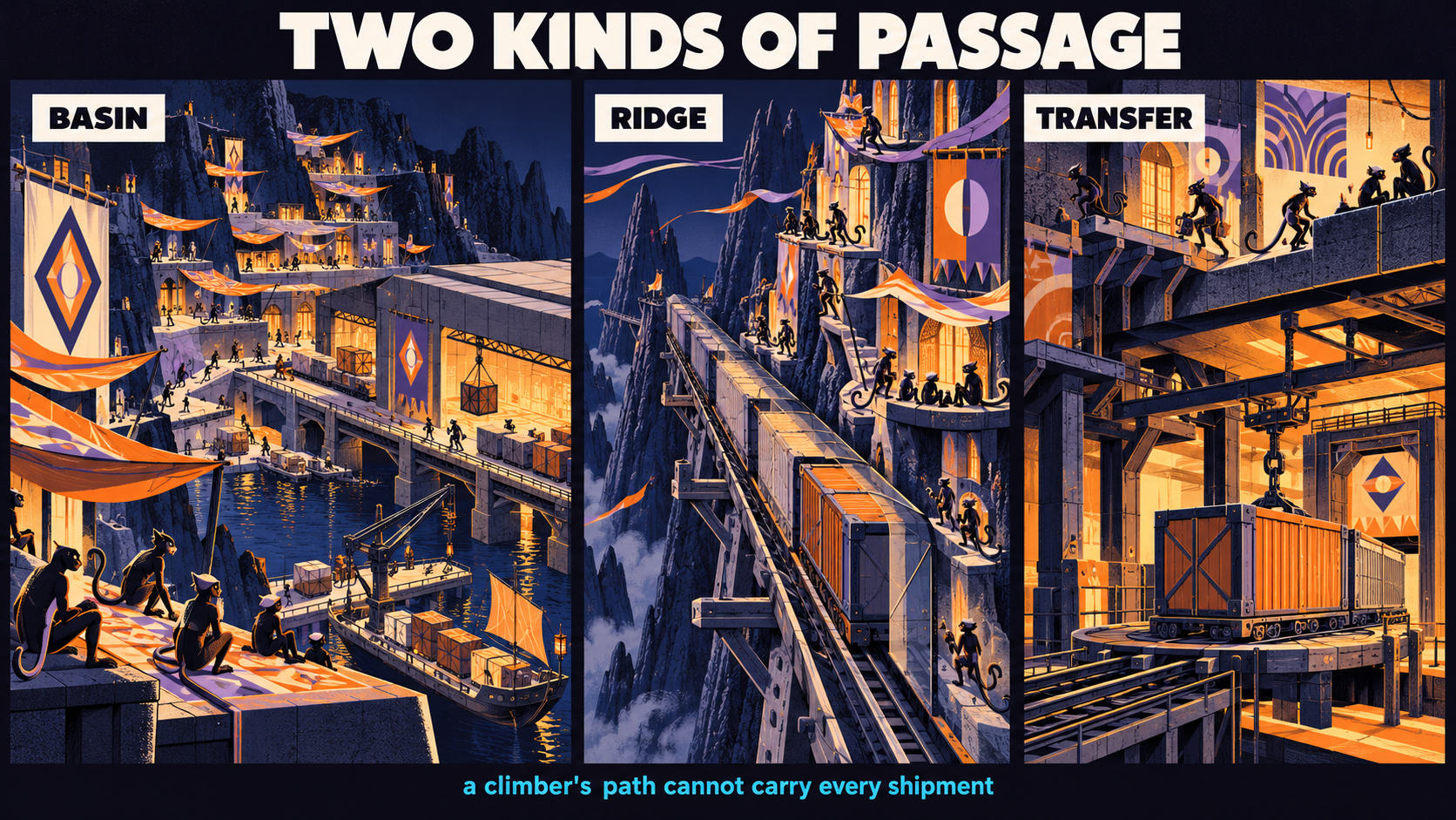 Basin circulation, ridge climbing paths, and a protected cargo rail show separate access requirements for residents and heavy supplies.