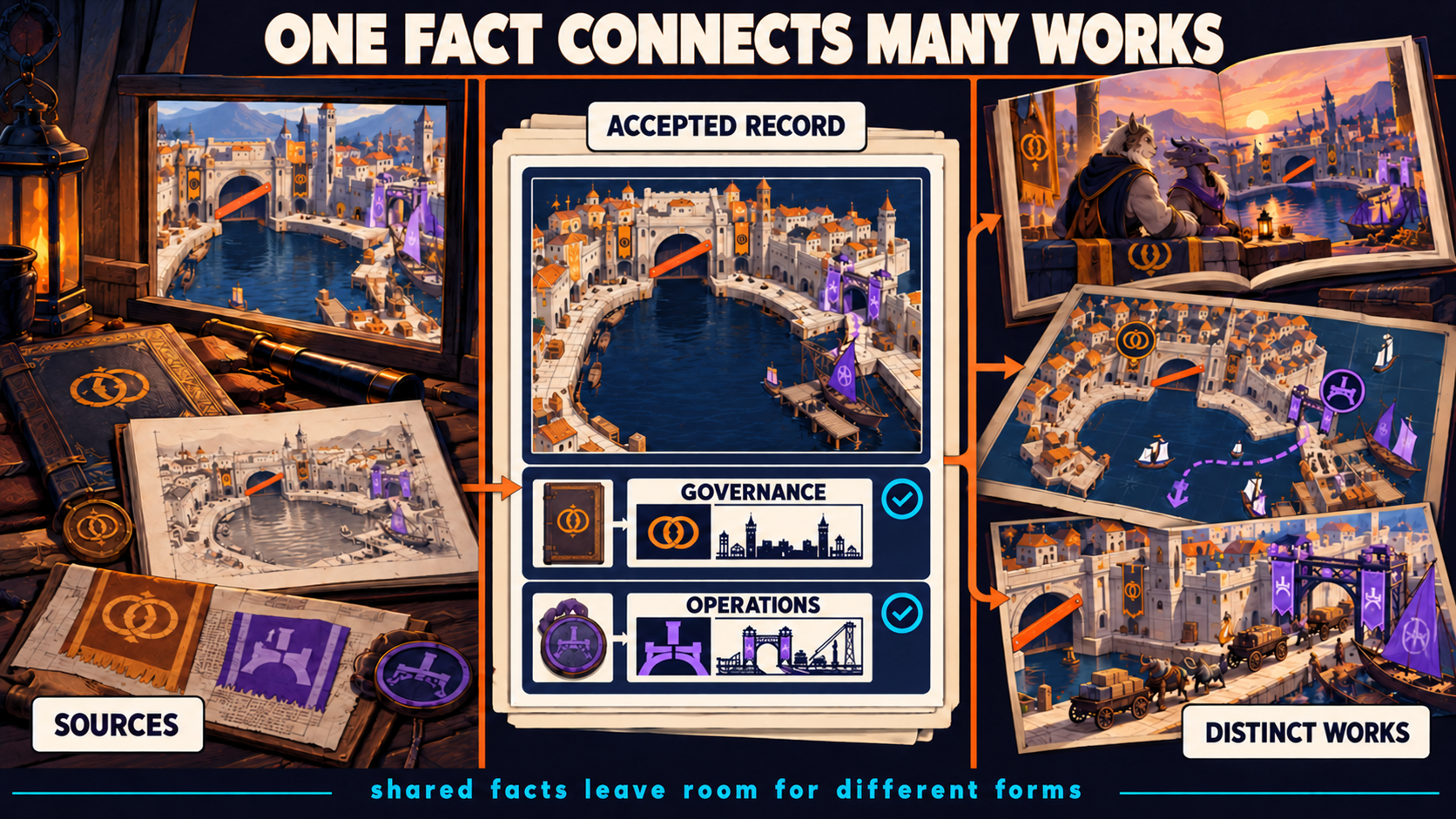 Three panels titled One Fact Connects Many Works show SOURCES with folios, tokens and a window view of a U-shaped port; an ACCEPTED RECORD preserving a closed orange main entrance and open violet side gate; and DISTINCT WORKS as a nonhuman romance book, supply map and local cargo scene. The record has separate GOVERNANCE and OPERATIONS rows, with amber interlocking rings for civic identity and a violet bridge emblem for gate operation. Each output keeps those cultural and operational distinctions. The caption reads: shared facts leave room for different forms.