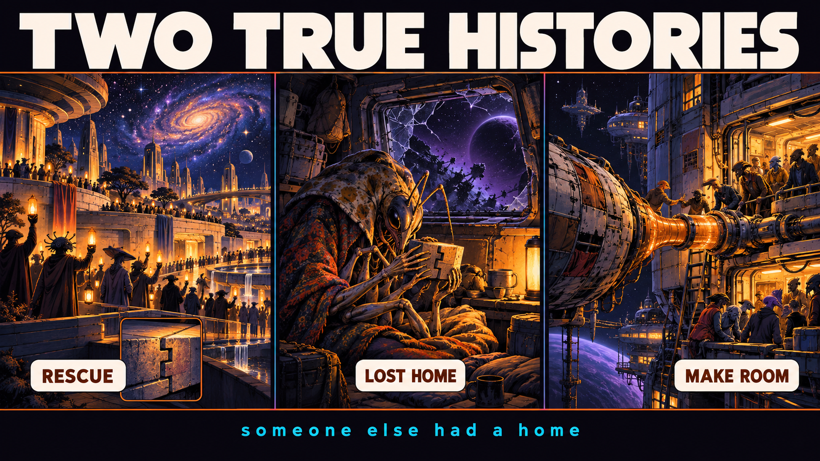Celebration, a surviving home relic, and a tense resettlement dock hold the galaxy's rescue and another population's catastrophe together.