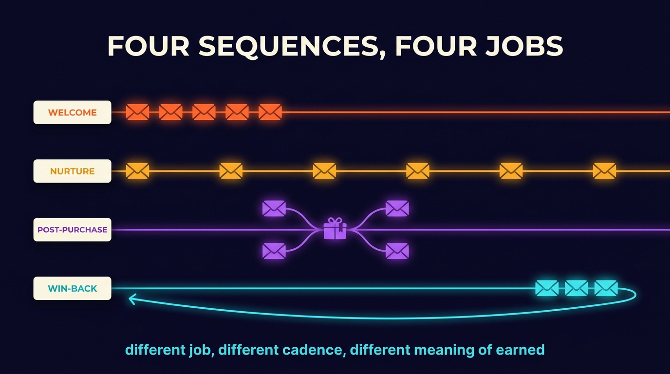 Four parallel tracks, one per sequence archetype. Welcome carries five closely spaced message nodes. Nurture carries seven nodes spread across a longer arc. Post-purchase carries four nodes branching from a package icon. Win-back carries three nodes with an arrow curving back to the start.