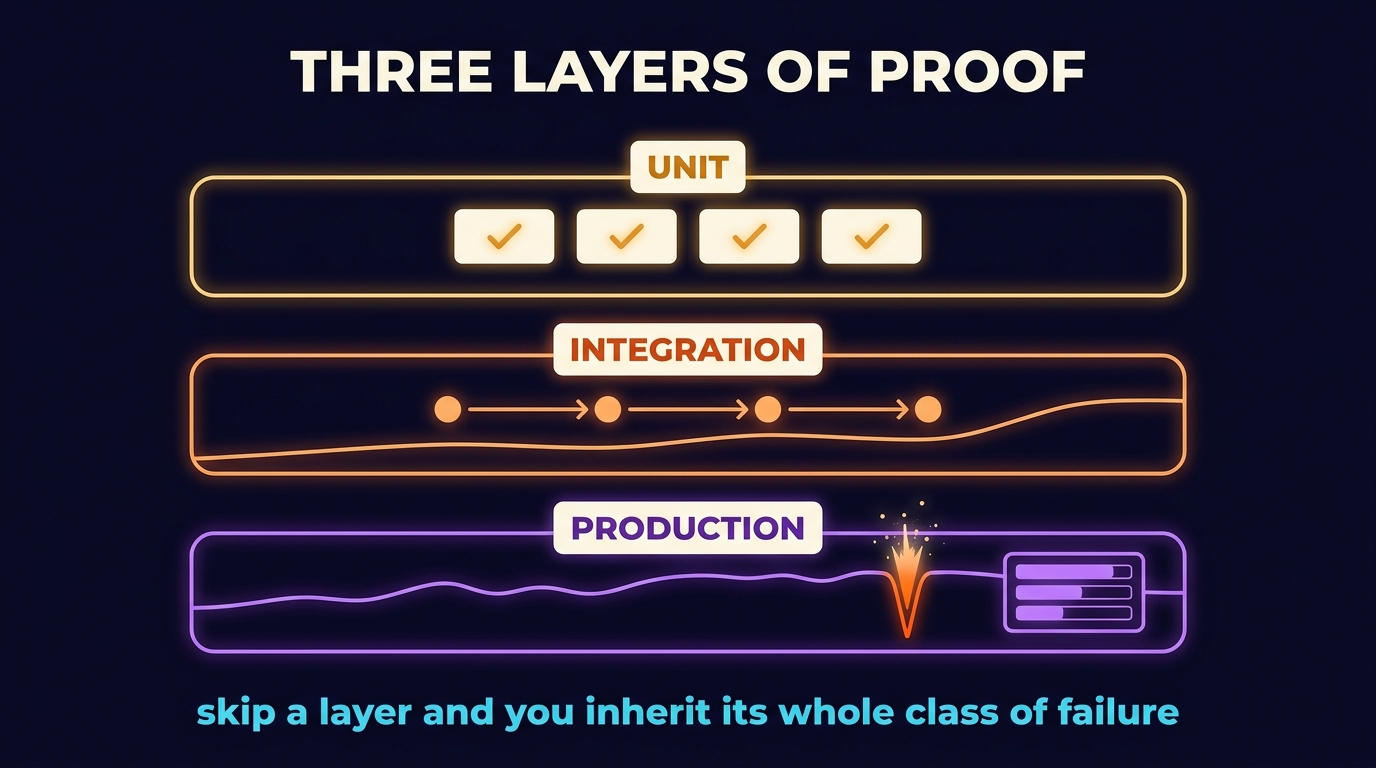 Three stacked evaluation layers. Unit holds individual prompt cards with pass marks. Integration holds composed pipelines with a per-step trace running between nodes. Production holds a live time series with a thumbs-down spike picked out and the matching LogFire span panel open beside it.