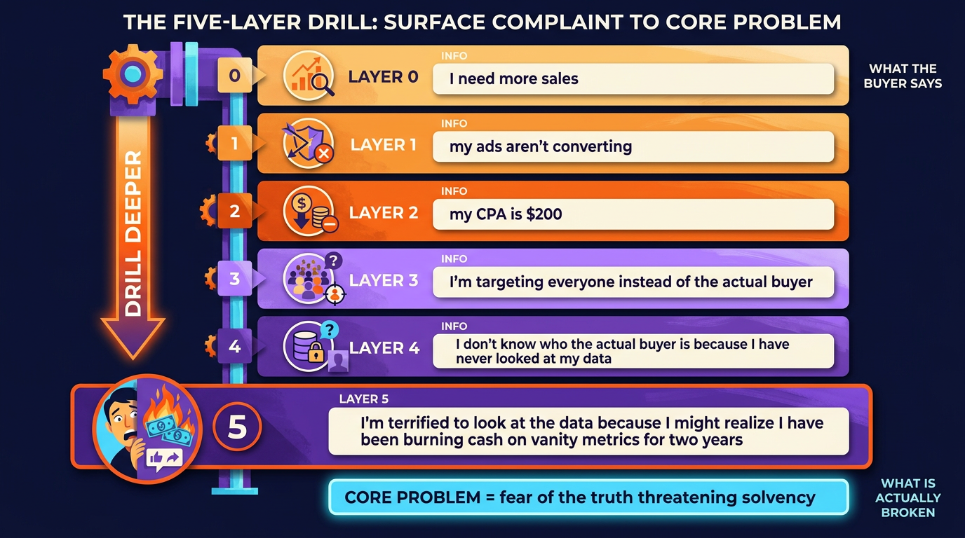 Five stacked cards descending from the presenting complaint to the core problem: I need more sales, my ads aren't converting, my CPA is two hundred dollars, I'm targeting everyone instead of the actual buyer, I'm terrified to look at the data. The bottom card names the core problem as fear of a truth that threatens solvency.