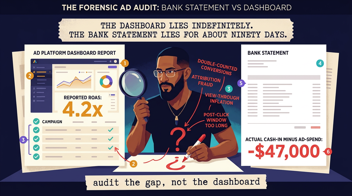 Andy at a desk comparing two prints under a magnifying glass. The ad-platform dashboard reports 4.2x ROAS with green checkmarks down the rows. The bank statement beside it shows cash in minus ad spend at minus forty-seven thousand dollars. Annotations between them read double-counted conversions, attribution fraud, view-through inflation.