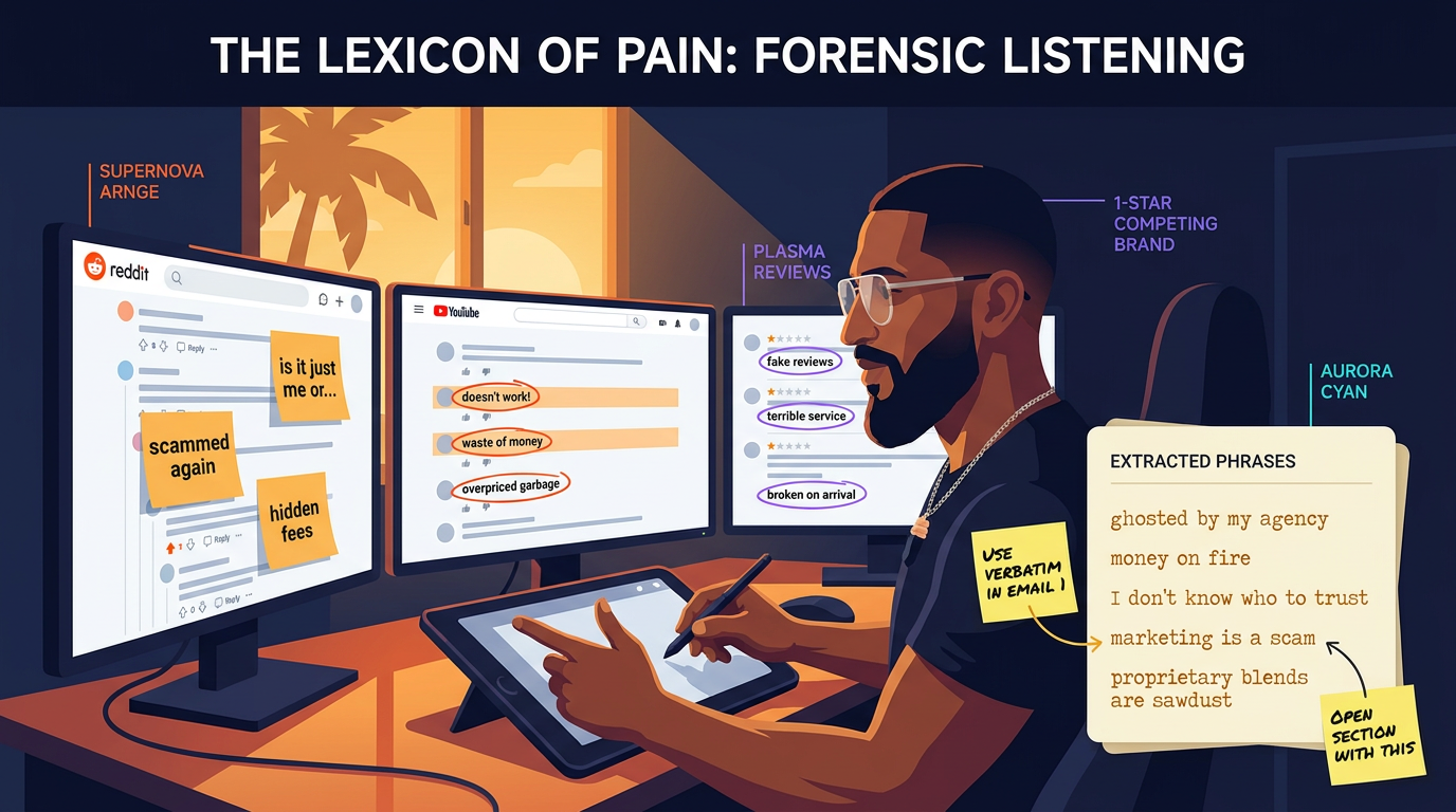Andy at a three-monitor desk pulling customer language off a Reddit thread, the comments under a competitor video, and a page of one-star reviews. A card beside him collects the extracted phrases: ghosted by my agency, money on fire, proprietary blends are sawdust, I don't know who to trust.