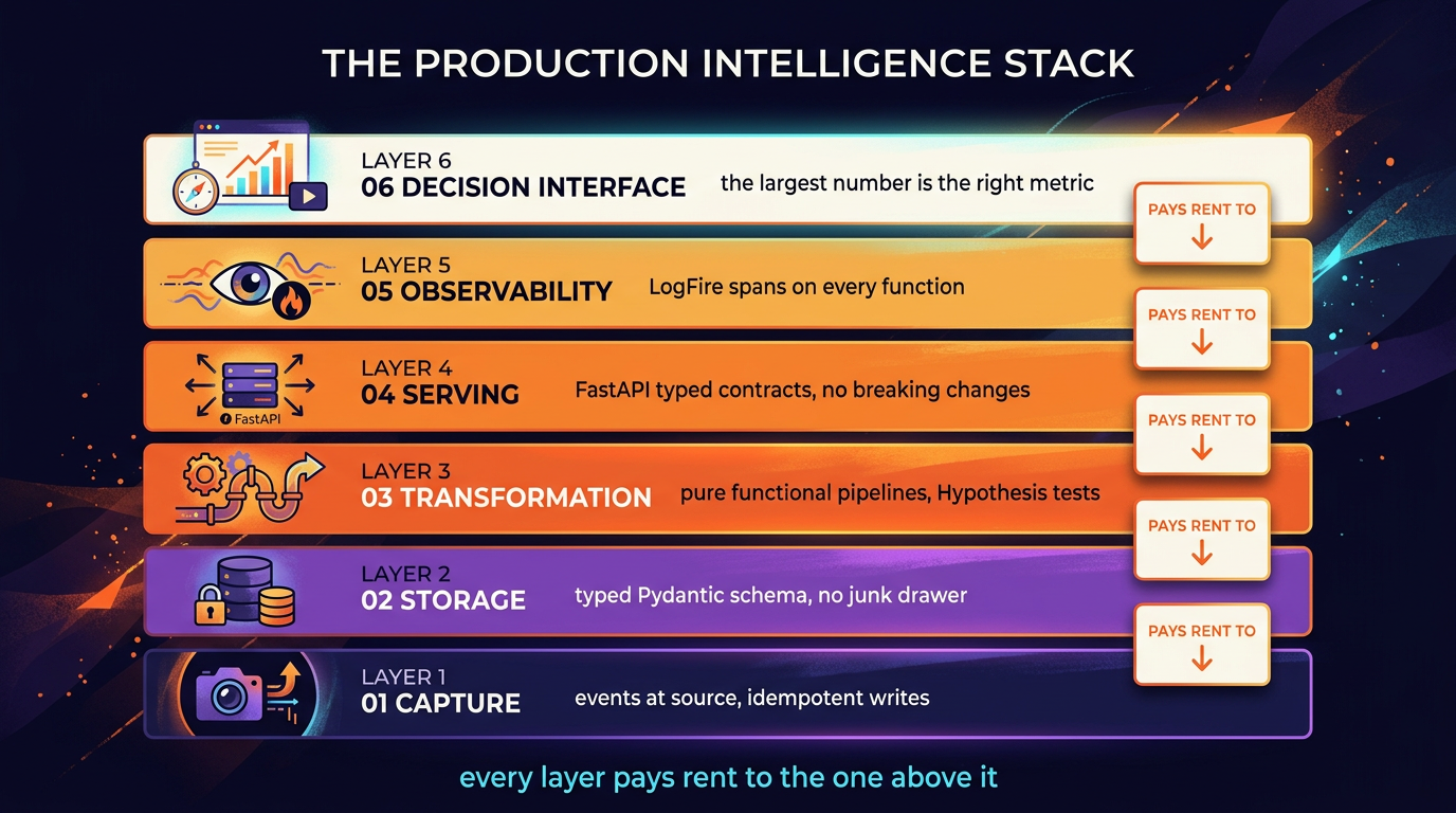Six layers of a production intelligence stack, bottom to top: capture with idempotent writes at the source, storage under a typed validated schema, transformation as pure functional pipelines, serving over typed API contracts, observability with spans on every function, and the decision interface at the top. Each layer is marked as paying rent to the one above it.