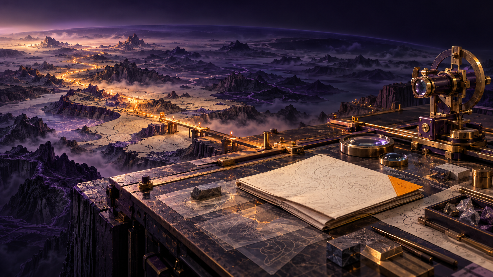A survey instrument and research folio overlook a purple landscape with one amber route and several untested paths.