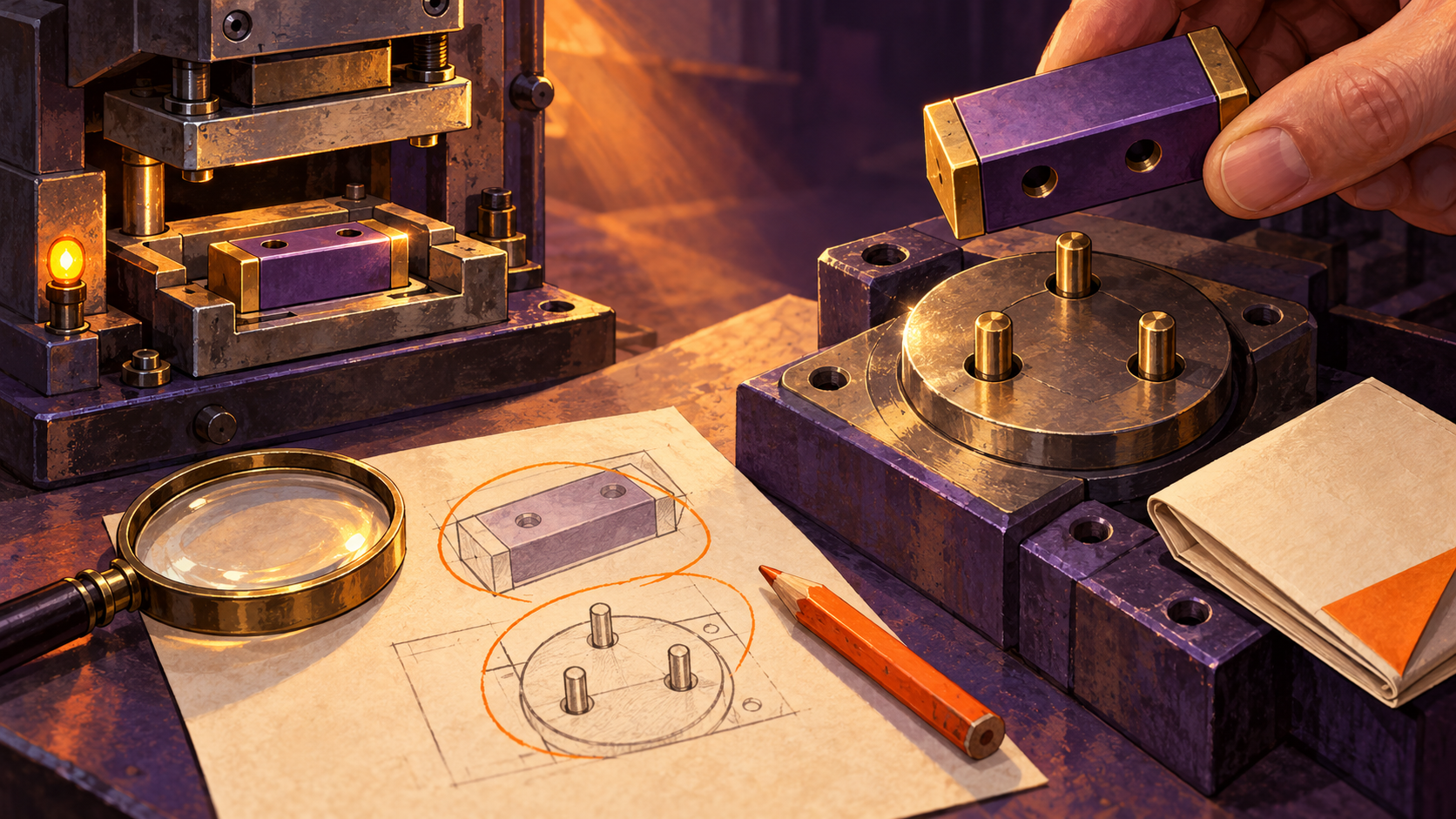 A finished two-hole module is held above an incompatible three-pin receiving fixture, beside the inspection record.