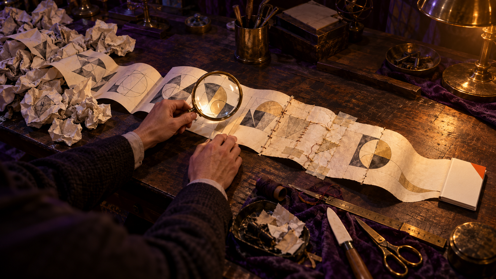 One finished folio remains connected to rejected versions, source sheets and repaired paper across a workbench.