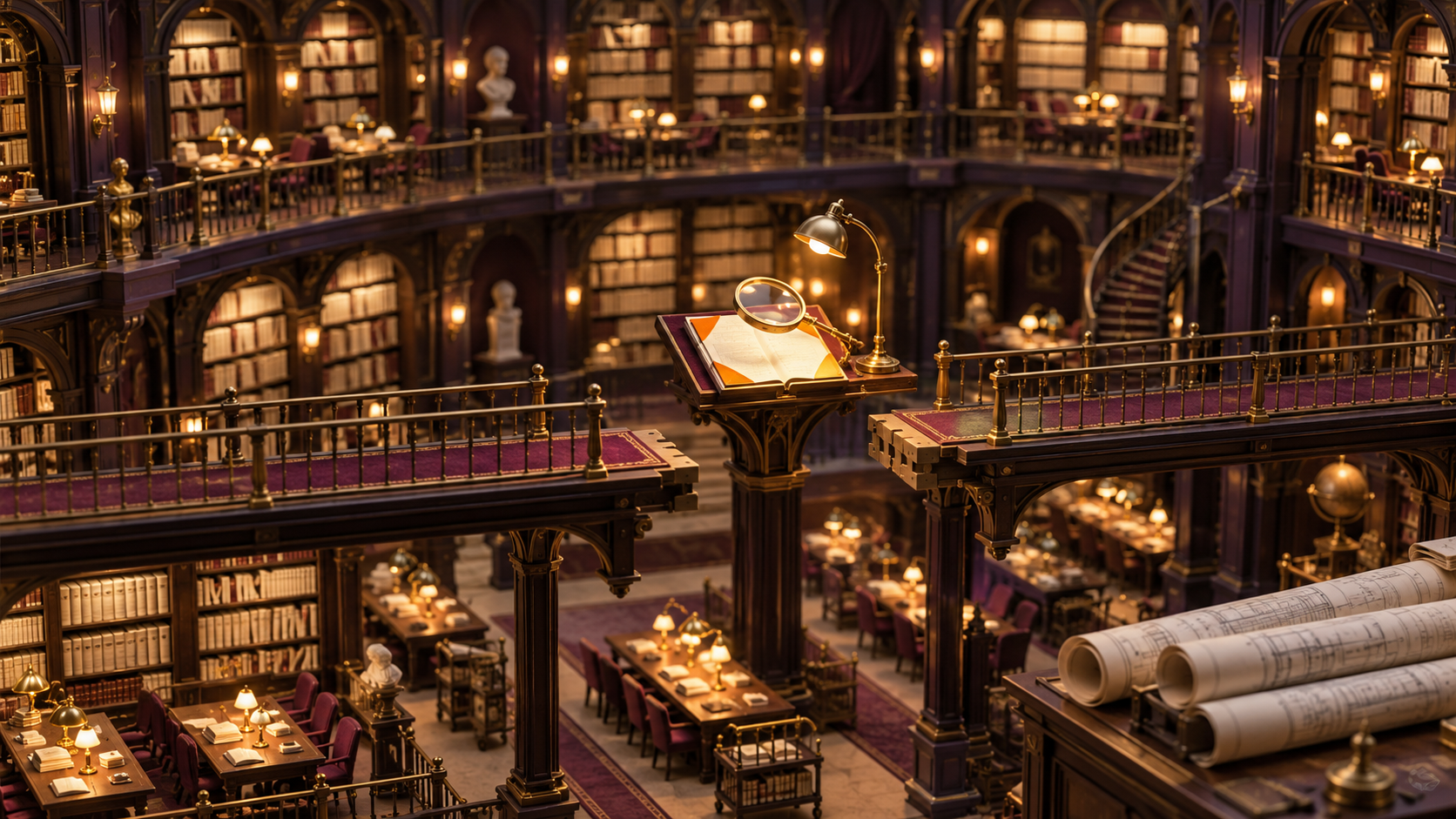 An otherwise complete reading-room model has one small unresolved access bridge under inspection while a larger rebuilding plan is set aside.