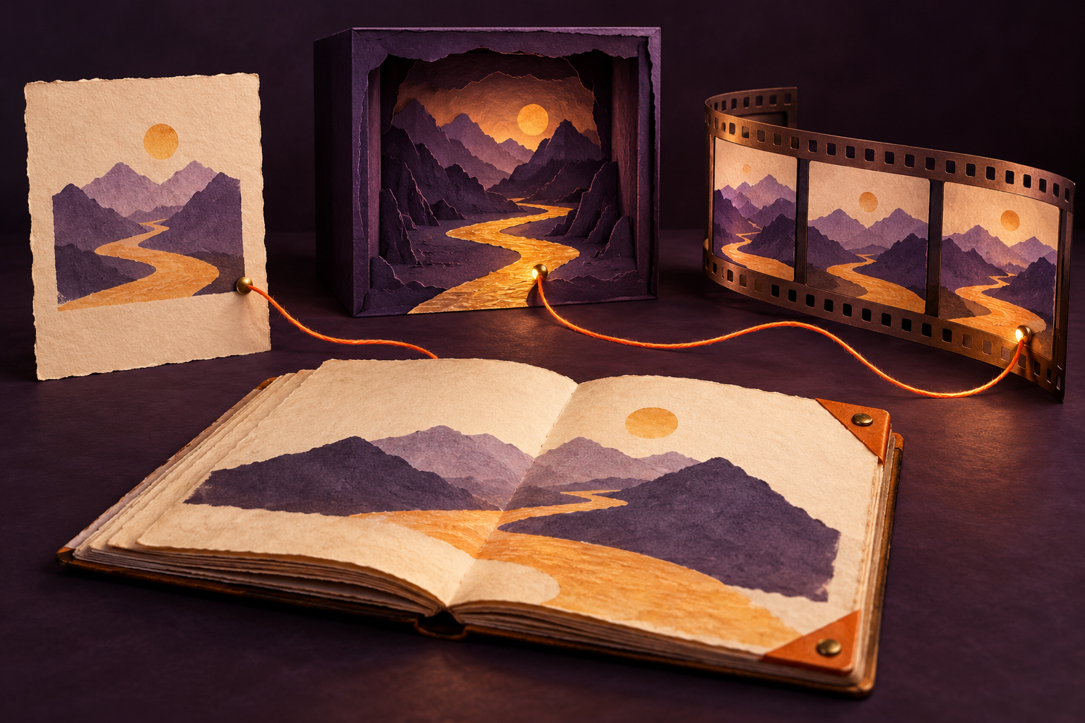 One source folio connects to a printed page, a spatial scene and a timed sequence, each with a distinct form.