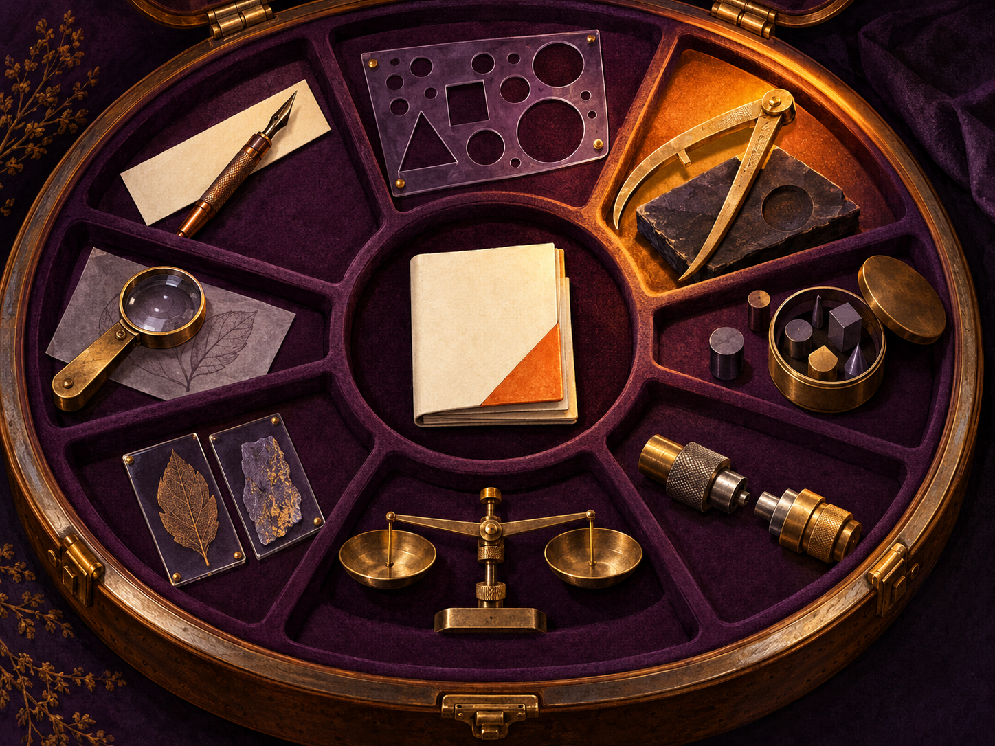 A folio lies among different instruments at the same level; none forms an ascending staircase.