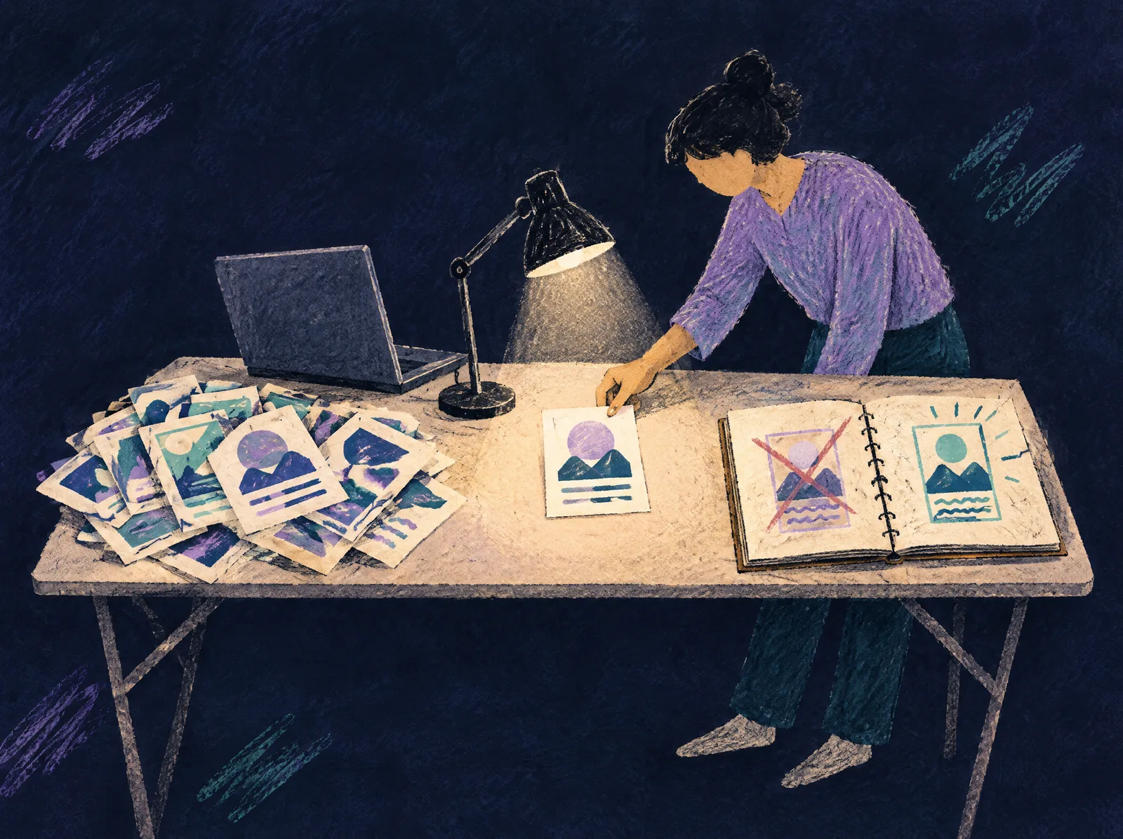 A person reviews one printed creative at a folding table with a laptop, a desk lamp, a pile of variants, and a notebook marking one version out and another for attention.
