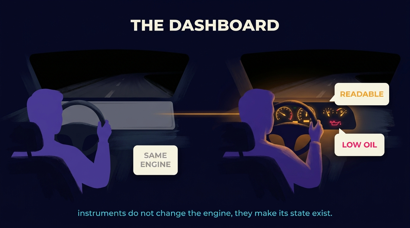 Two identical car interiors at night. On the left the instrument panel is a blank unlit slab and the windscreen shows only black road. On the right the same panel carries lit gauges, a fuel needle and an oil-warning icon, with the light spilling onto the driver's hands. The engine is the same in both.