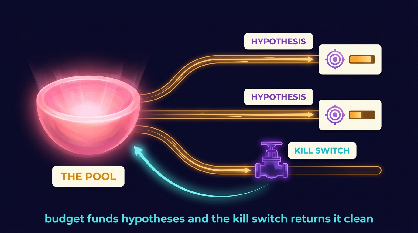 A budget reservoir feeds three channels labelled Google, Meta and LinkedIn. Each channel carries a hypothesis card naming its audience and its threshold metric. Two channels run steadily. The third has its kill-switch valve shut mid-flow, and that spend is routing back into the reservoir.