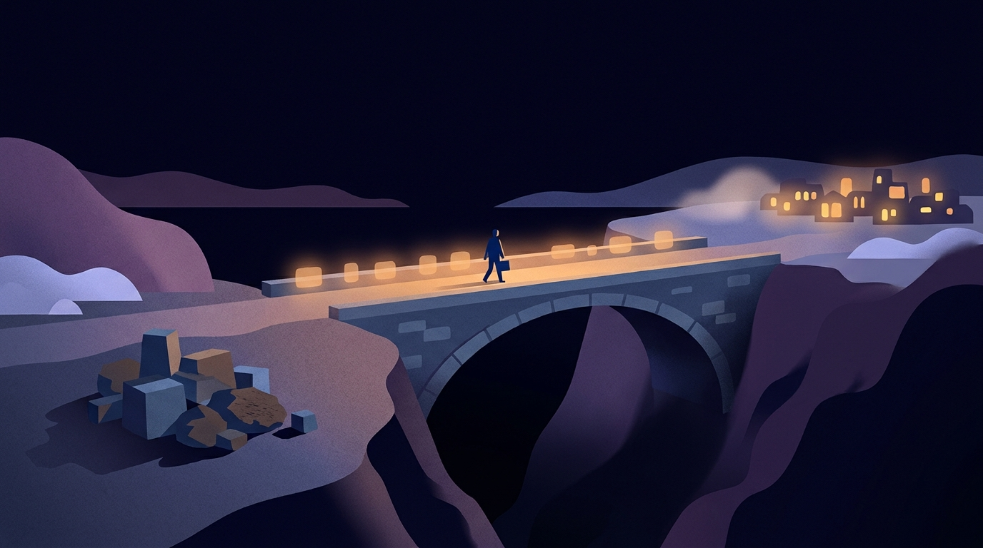 A completed stone bridge spanning a dark ravine at night, lit warm along its deck, with a pile of leftover unused material on the near bank and a small settlement glowing on the far side. One figure walks across carrying nothing.