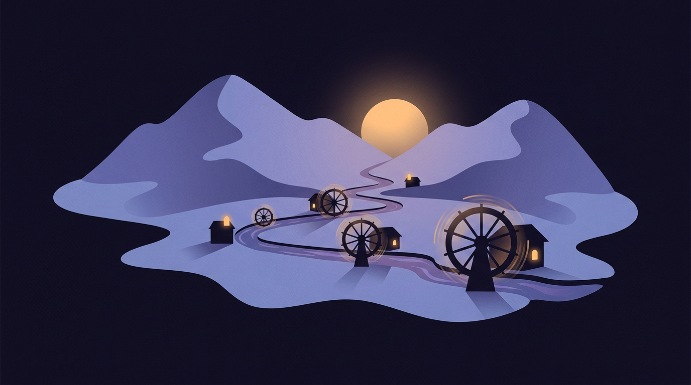 A valley at night where one stream turns a row of four waterwheels of different diameters, each visibly turning at its own speed, with warm lamps hanging at each mill house.