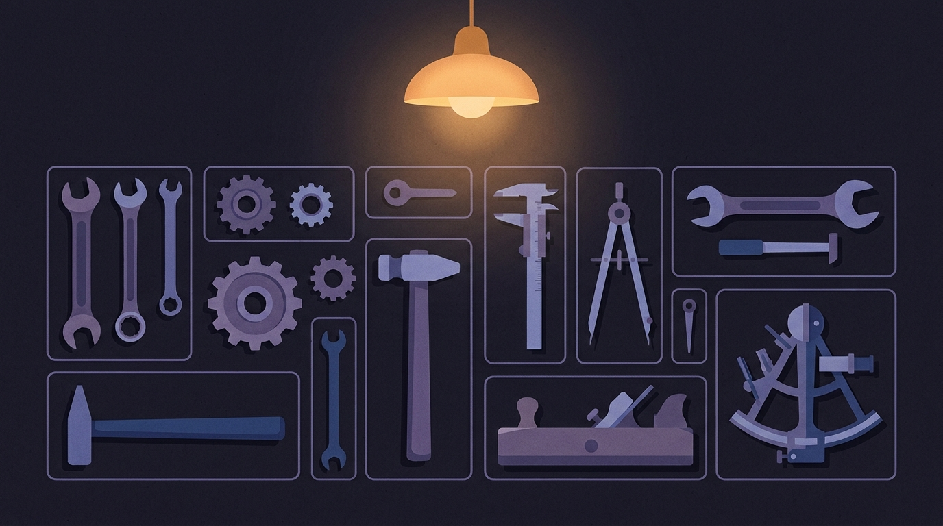 A workshop wall hung with tools that clearly came from several different trades and eras, arranged into one coherent working set, each in its own outlined place under a single warm lamp.