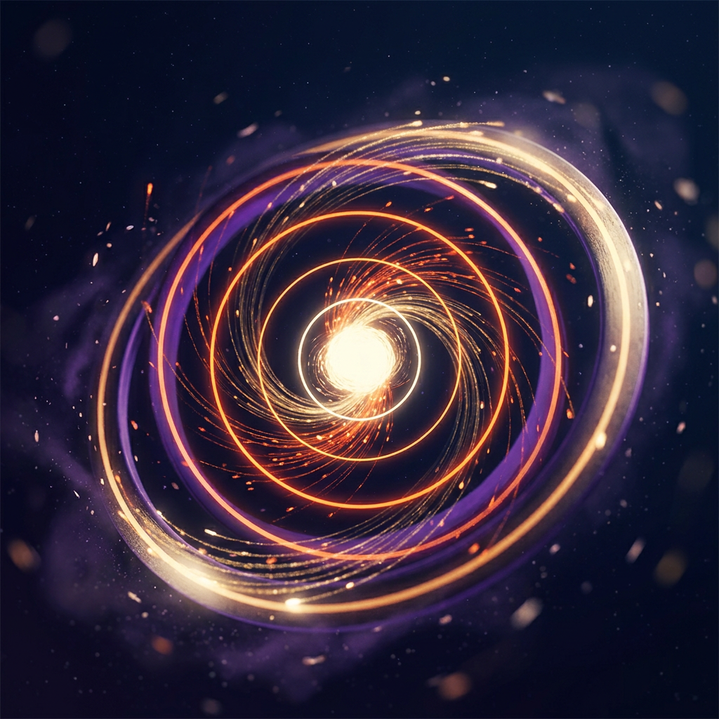 Concentric rings spiral outward from a bright pulsing center, each ring brighter than the one inside it. Particles drift between the rings, and the outermost ring feeds particles back toward the center.