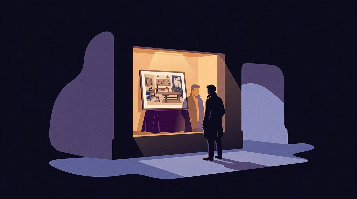 A shop window at night seen from the street. On the velvet pedestal inside, instead of a product, stands a framed picture of a calm well-ordered workshop. A figure outside looks in and their reflection lines up with the workshop in the frame.