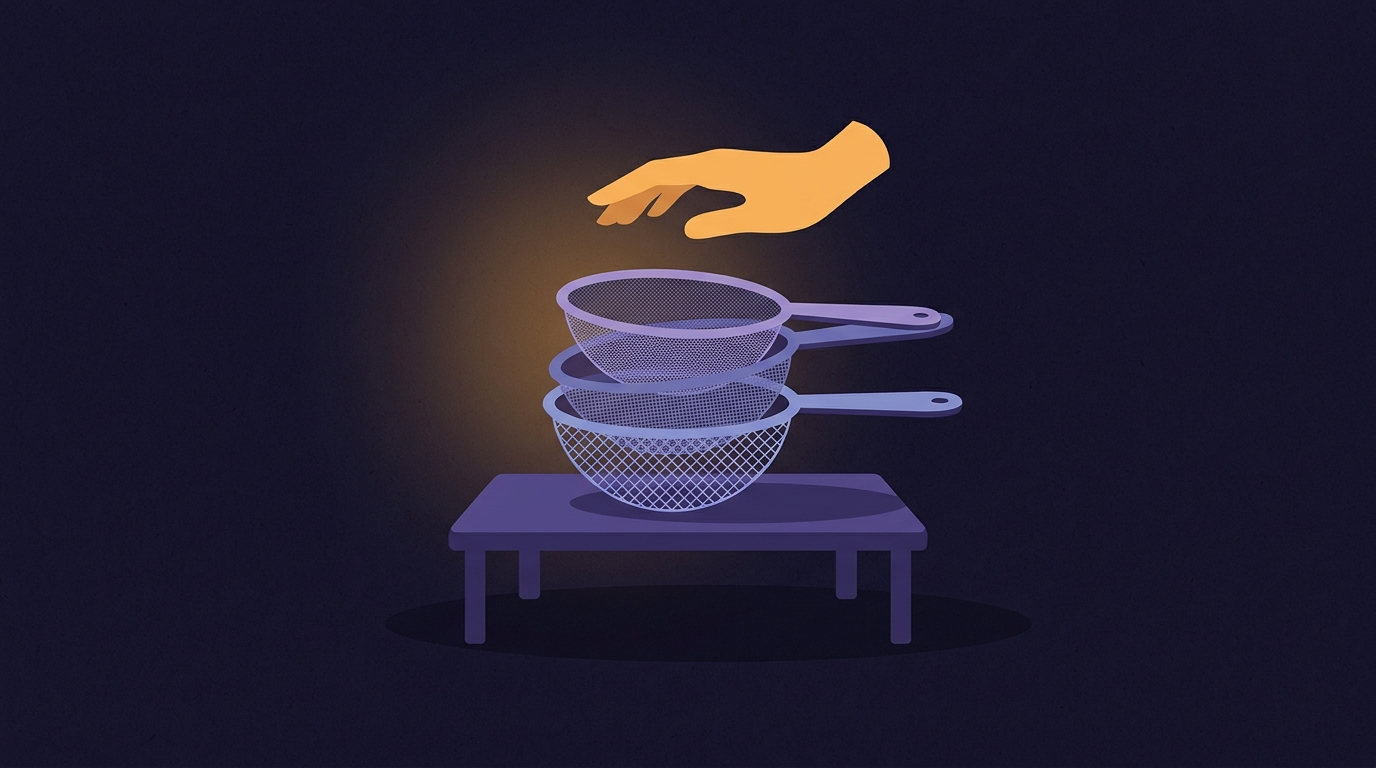 A stack of nested sieves on a bench in the wrong order, the finest mesh on top and the coarsest underneath, so nothing separates and everything piles up on the top screen. A hand pauses above the stack.