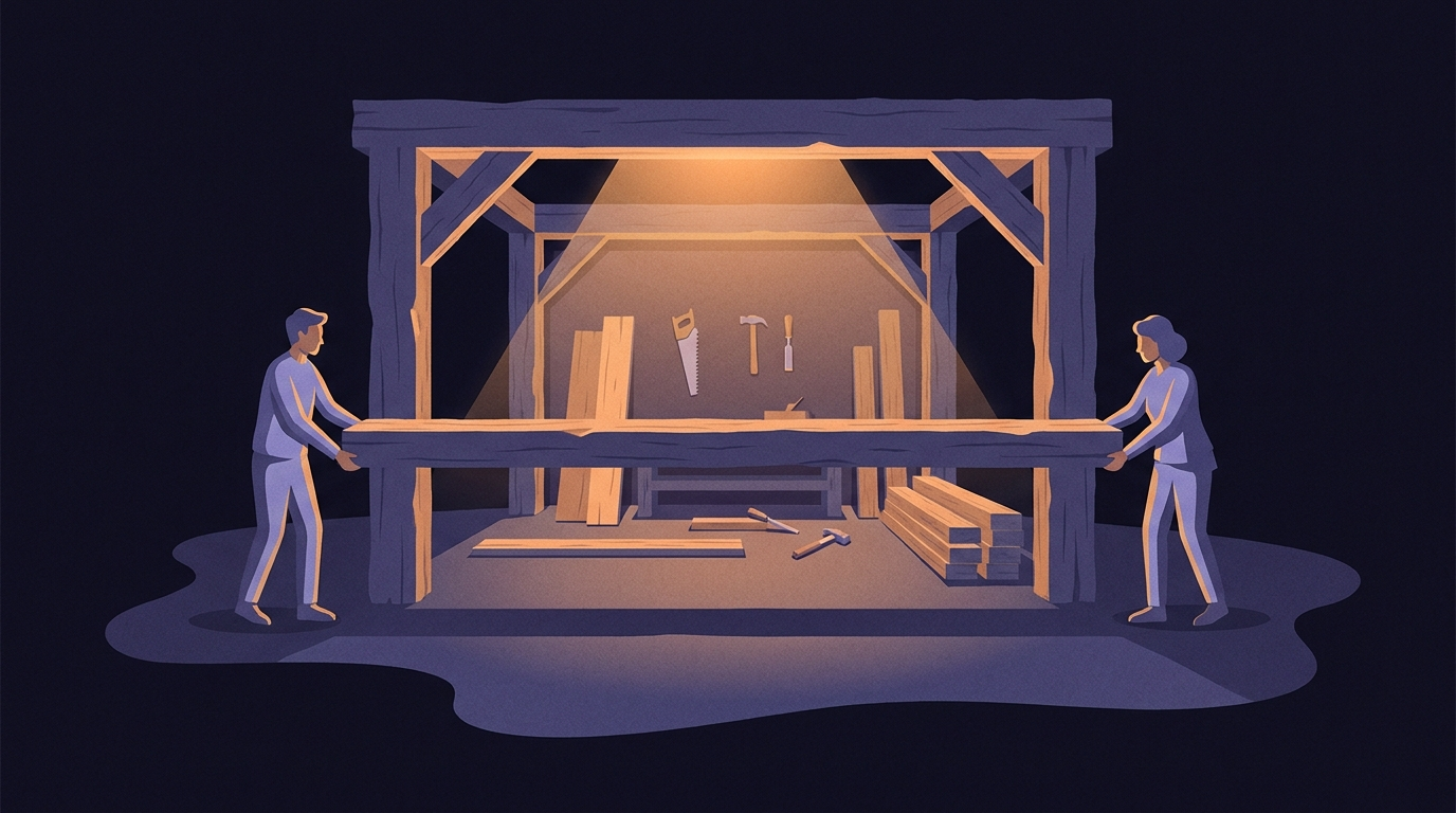 A heavy timber frame standing in an open workshop, defining a bounded rectangle of lit working space with tools and material inside it and bare dark floor outside. Two people stand one on each side, both hands resting on the same timber.