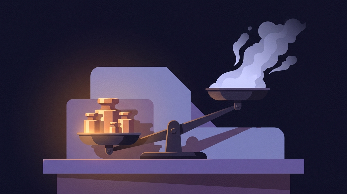 A balance scale on a workbench. The left pan holds a stack of solid machined metal weights lit warm; in the right pan a wisp of pale vapour rises and disperses, and that pan hangs high in the air.
