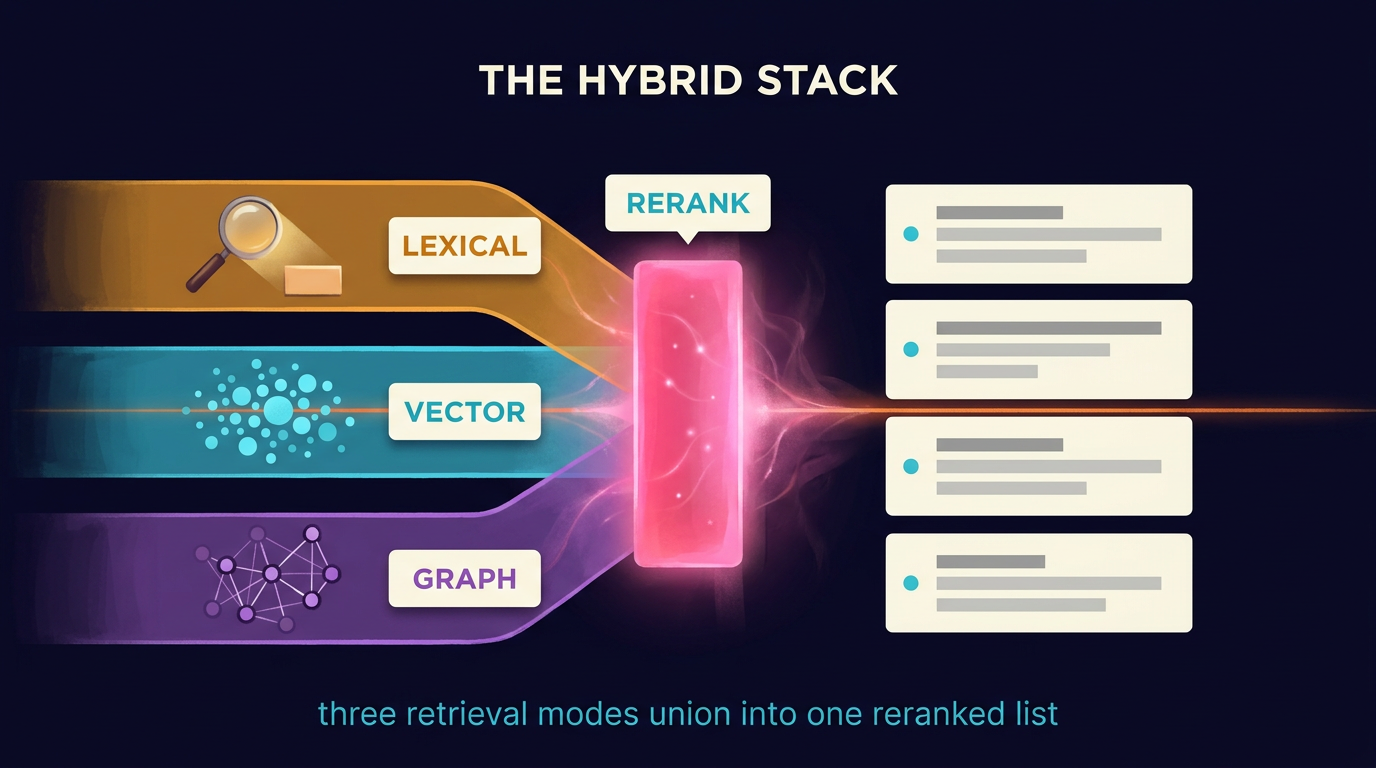Three retrieval stacks, BM25 lexical, dense vector, and graph traversal, all feed a single rerank node. What leaves the reranker is an ordered chunk list with citation pills attached, and each chunk carries a badge naming its document, section and version.