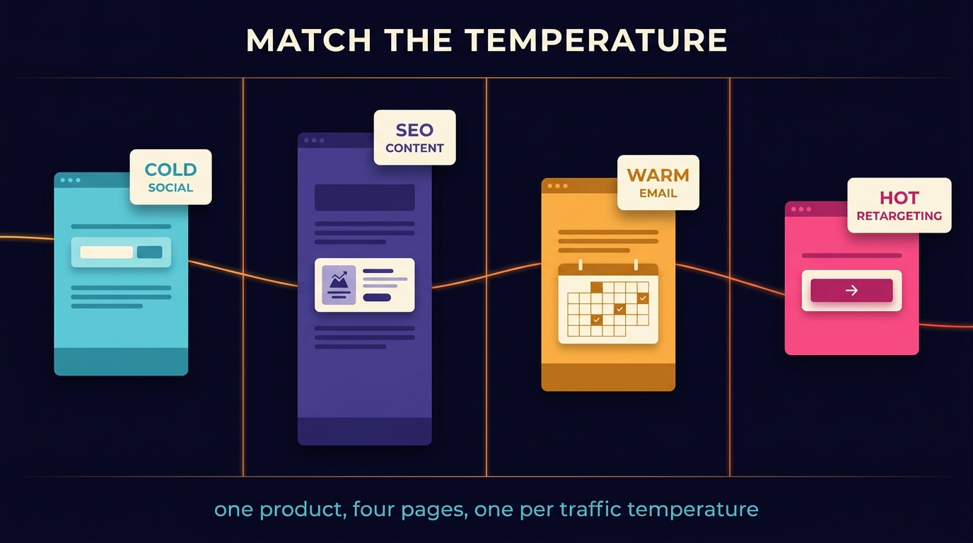 Four page layouts side by side, one per traffic source. Cold social is the shortest and asks only for a single form field near the top. SEO content is the longest and carries one offer card partway down. Warm email is mid-length and lands on a calendar. Hot retargeting is compact and lands on one button. A thread crosses all four, entering each page higher than the last as the traffic warms.