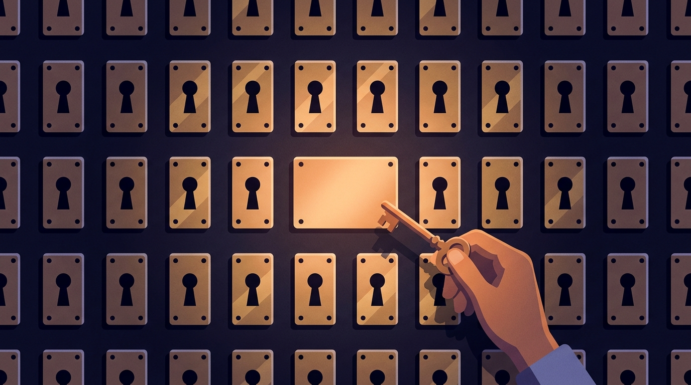 A wall of small brass keyhole plates arranged in a grid, each with a keyhole, except one lit plate in the middle that is blank and smooth. A hand holds a key up to the blank plate.