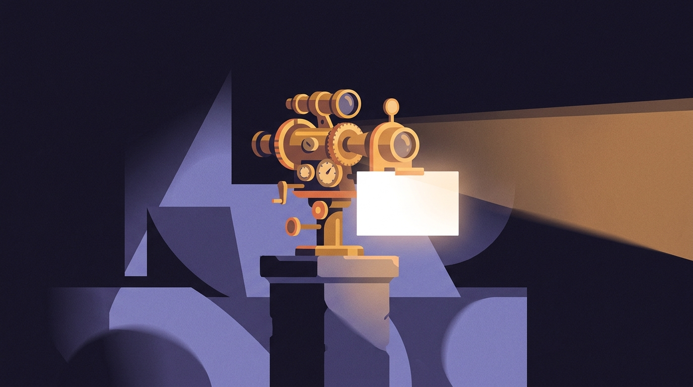 An elaborate polished brass instrument with many lenses and dials mounted on a stone plinth, aimed at a completely blank white plate a short distance in front of it.