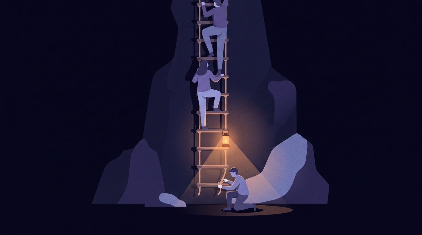 A rope ladder hanging down a dark cliff face with climbers already standing on the lower rungs while a worker at the very bottom is still tying the last rung into place beneath them.