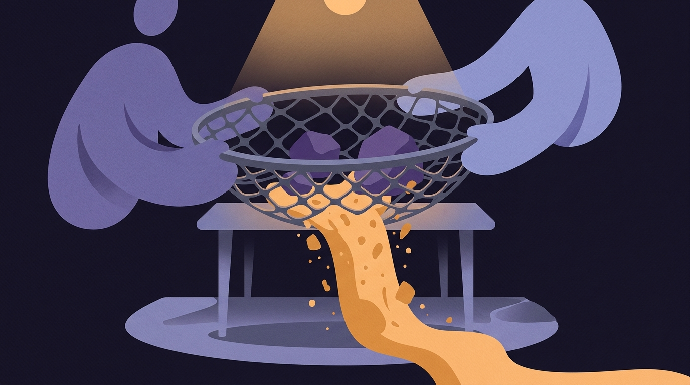 A large sieve held over a table, its mesh far too wide. The fine material it was meant to catch pours straight through onto the floor while only a few oversized lumps remain in the mesh.