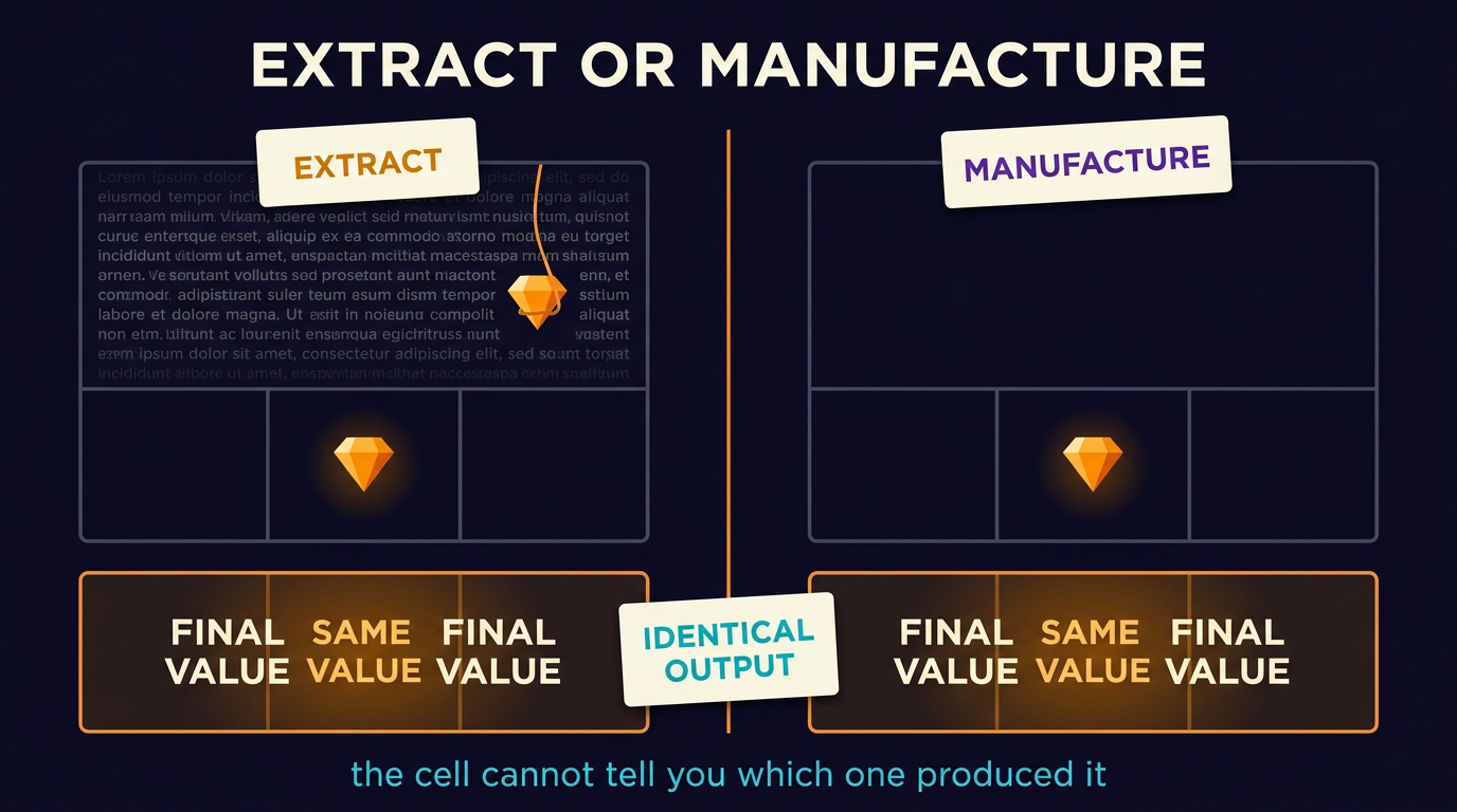 Two panels. On the left, tagged extract, one value is lifted out of a dense block of source text on a thread and set into a table cell. On the right, tagged manufacture, an identical value arrives in an identical cell with empty space above it and nothing to lift from. The two finished cells at the bottom are drawn exactly alike.