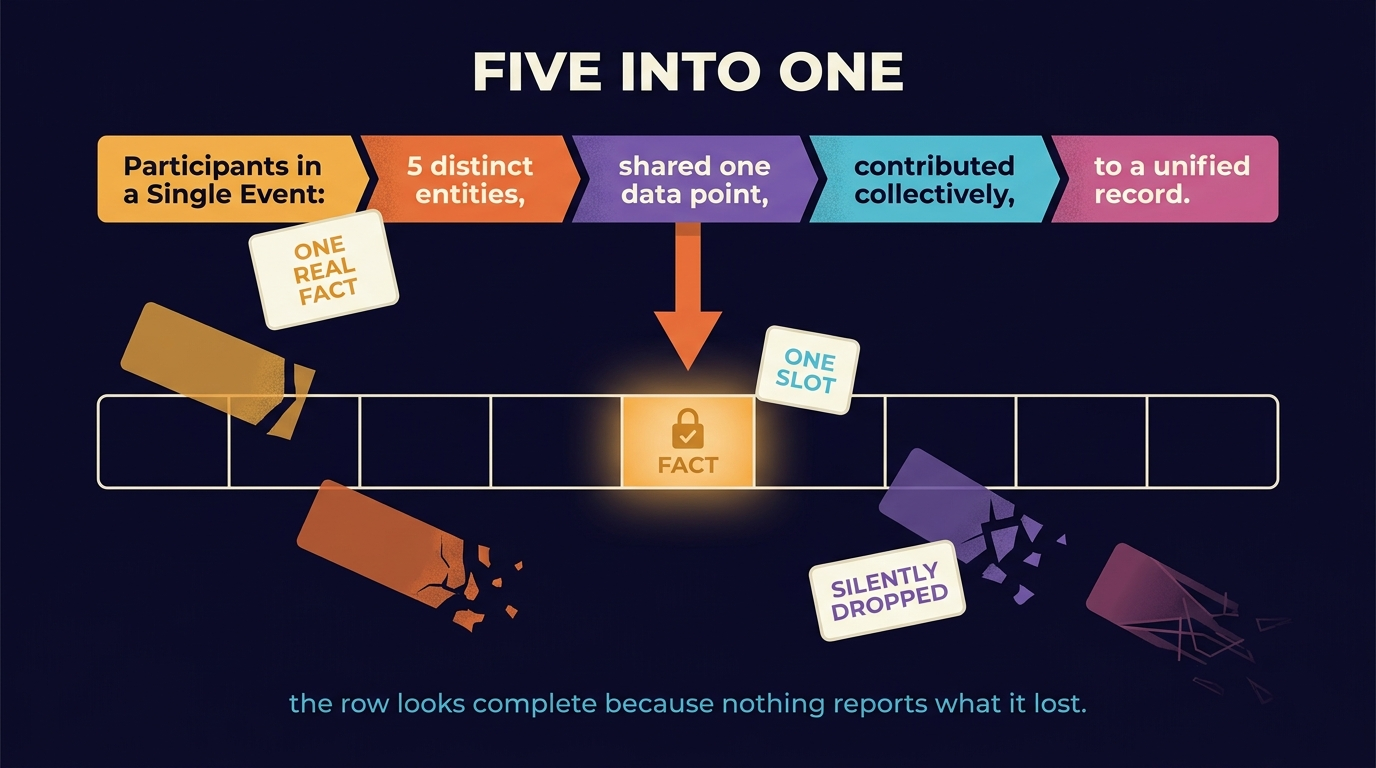One real fact runs across the top as five linked segments: five distinct participants in a single event, sharing one data point, contributing collectively to a unified record. An arrow drops from the middle segment into a nine-cell database row where exactly one cell is filled and locked. The other four segments tumble past the edge of the row and shatter. No error or warning appears anywhere in the frame.