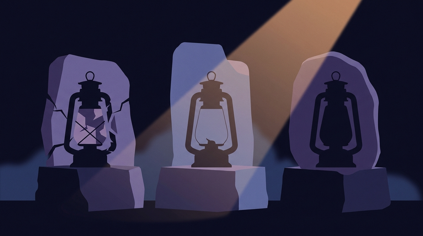 Three lanterns on three stone plinths in a dark hall, all unlit for visibly different reasons: one has shattered glass, one has no wick at all, and one has been sealed inside a solid stone block.
