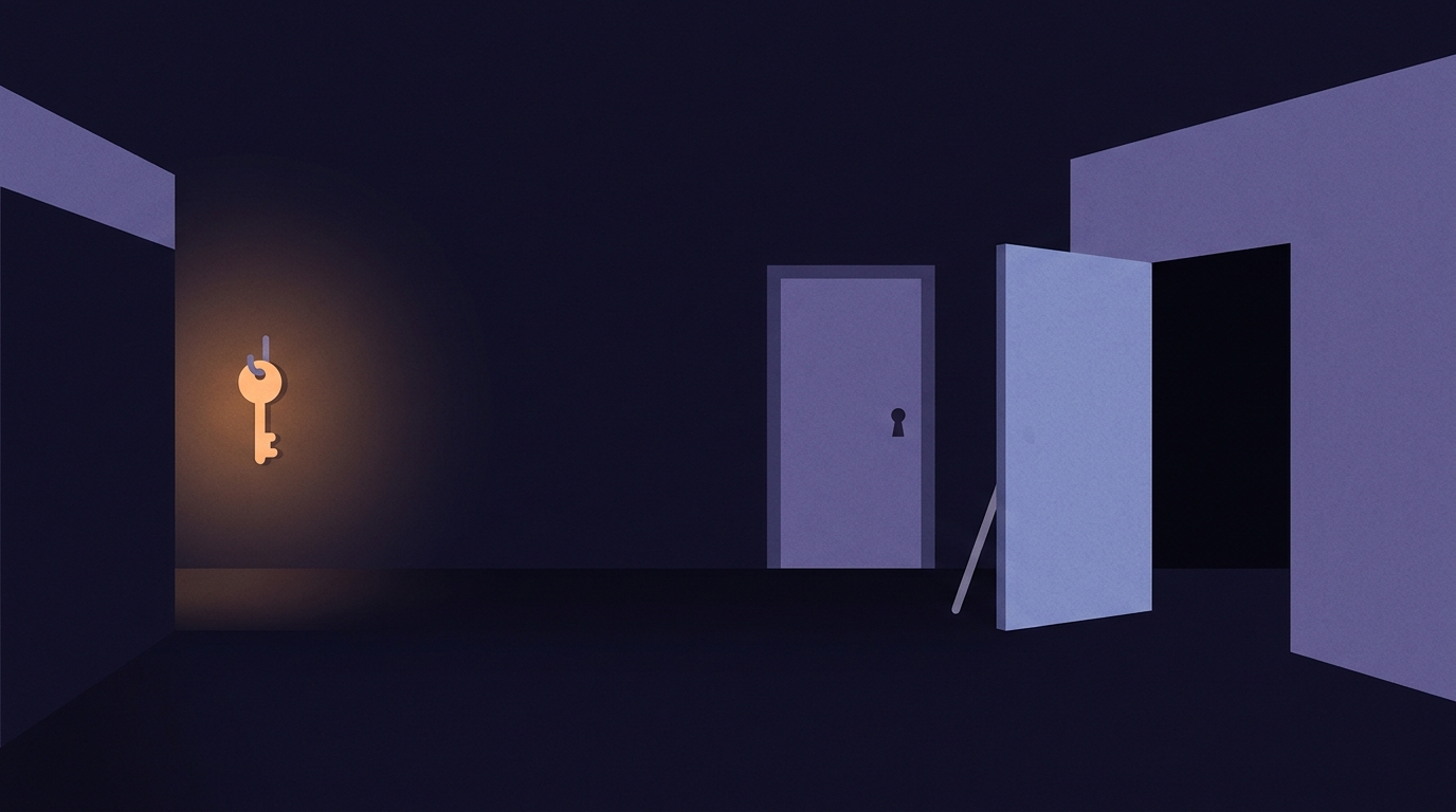Two doors standing side by side in an open space. The left door is solid and locked with a heavy key hanging on a hook across the room. The right door stands open onto empty darkness with nothing behind it.