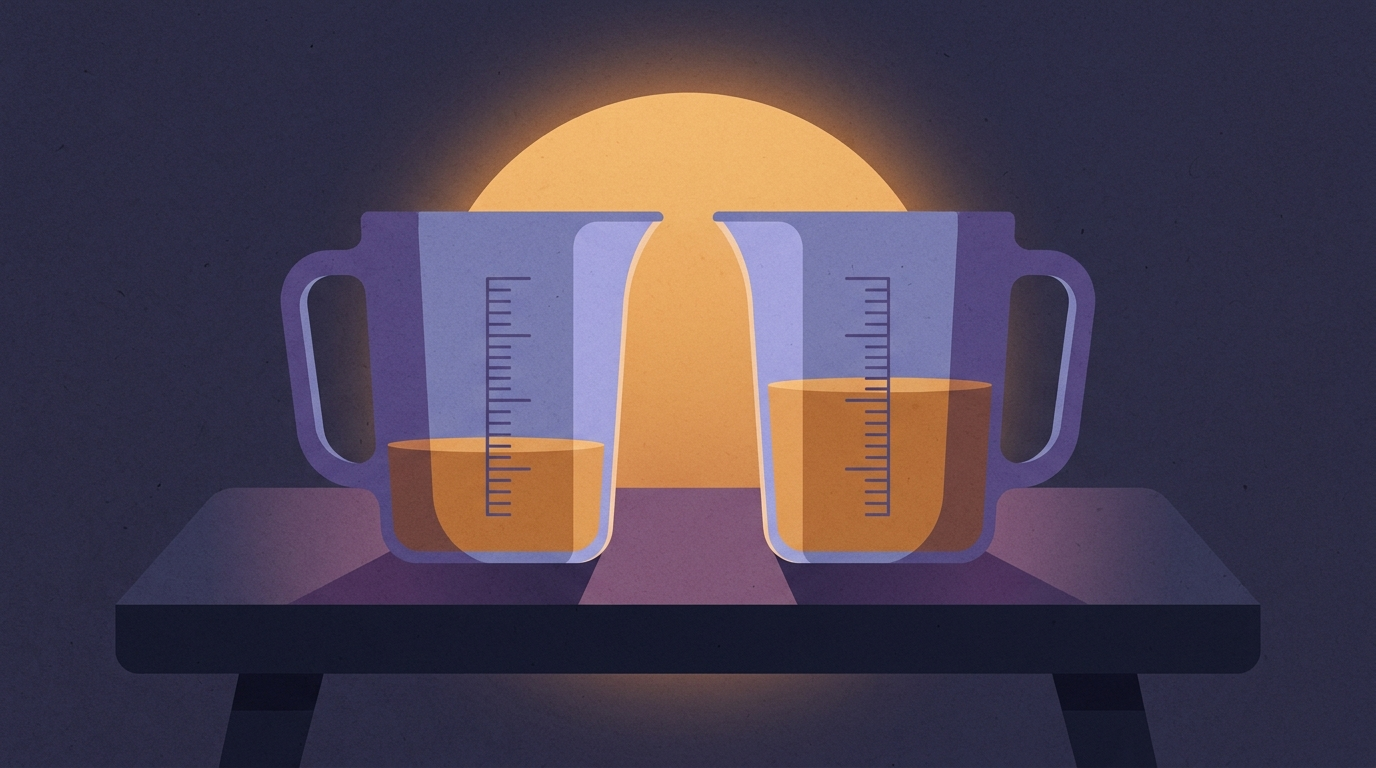 Two identical glass measuring jugs side by side on a bench holding the same liquid, but the graduated marks etched on each jug sit at different heights, so the same volume reads as two different levels.