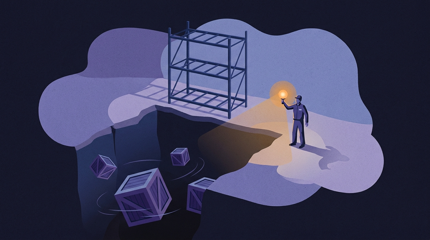 A warehouse shelf standing on a floor that has opened into a dark pit. The shelf is empty and several crates hang below the floor line in the dark while a worker stands at the edge holding a lamp.