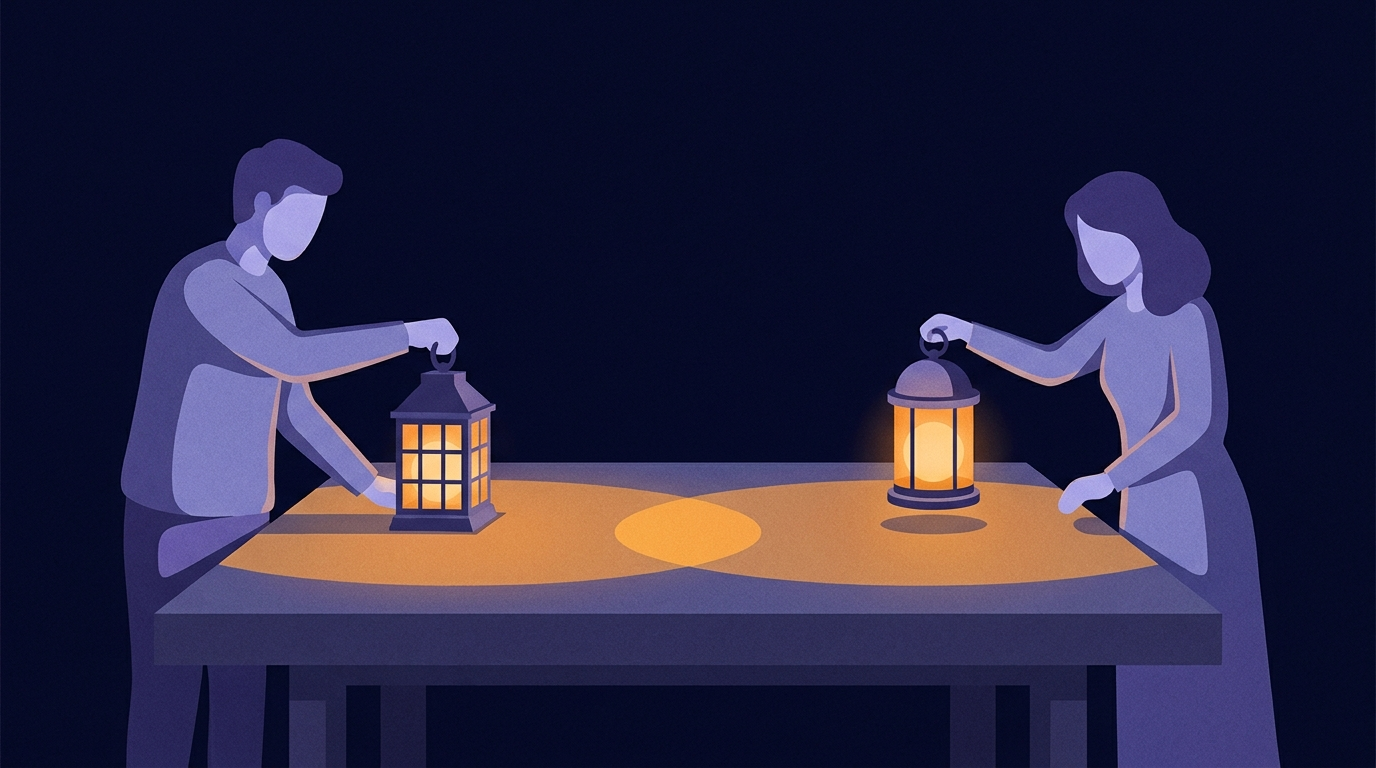 Two witnesses on either side of a heavy table, each setting down a lantern of a different shape. Both lanterns stay lit and their pools of light overlap in the middle without merging.
