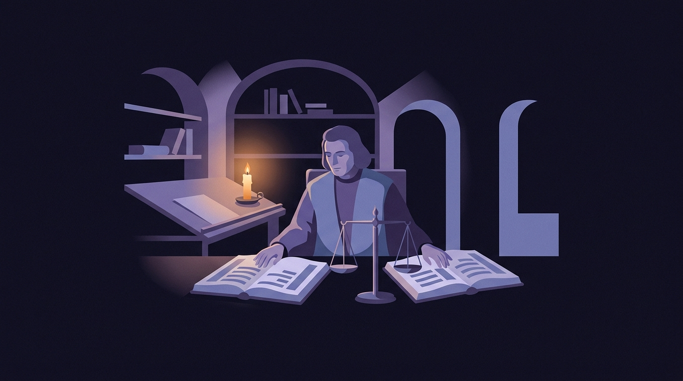 A Renaissance counting house at night. A merchant sits between two facing open ledger volumes on a sloped desk, a small balance scale standing level between them, lit by one candle.