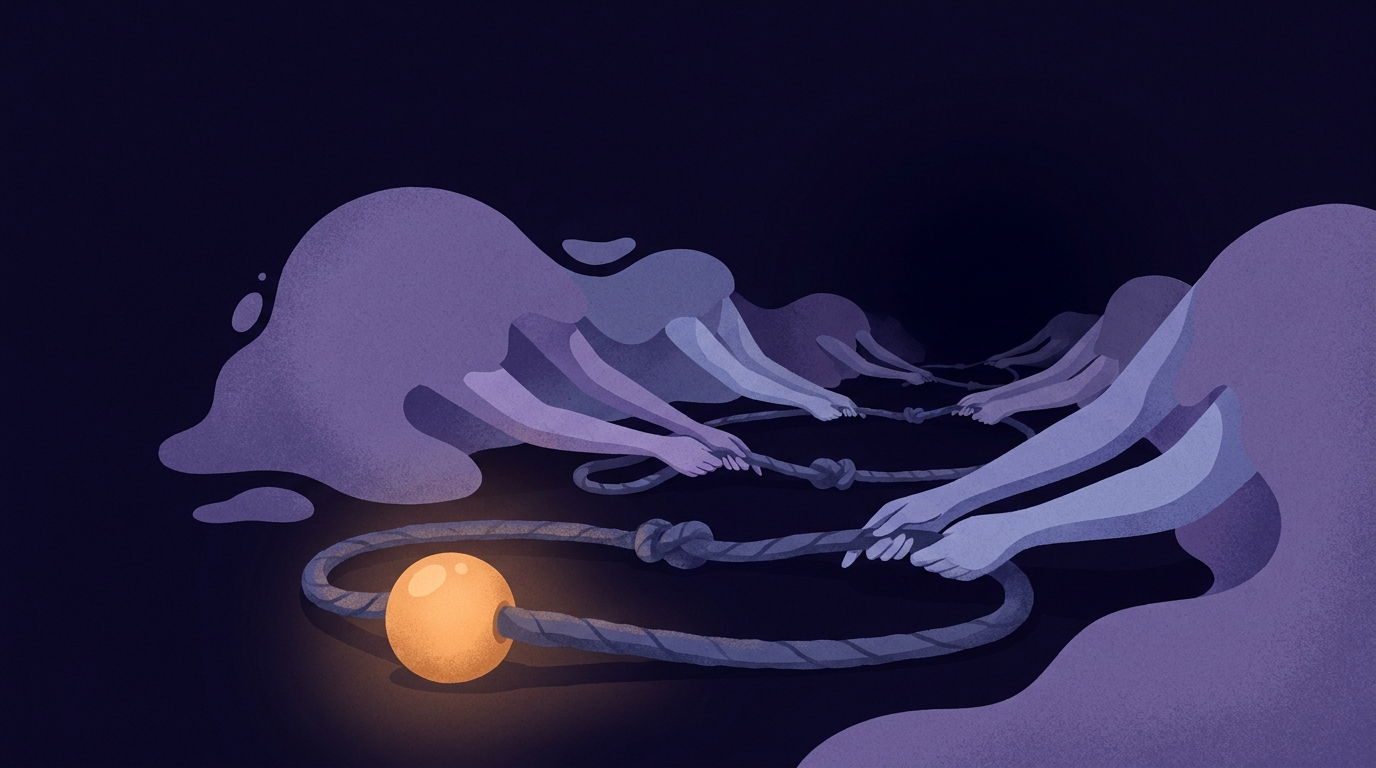 A single glowing bead at the near end of a long knotted cord that runs back through several pairs of hands emerging from darkness, its far end disappearing into black.