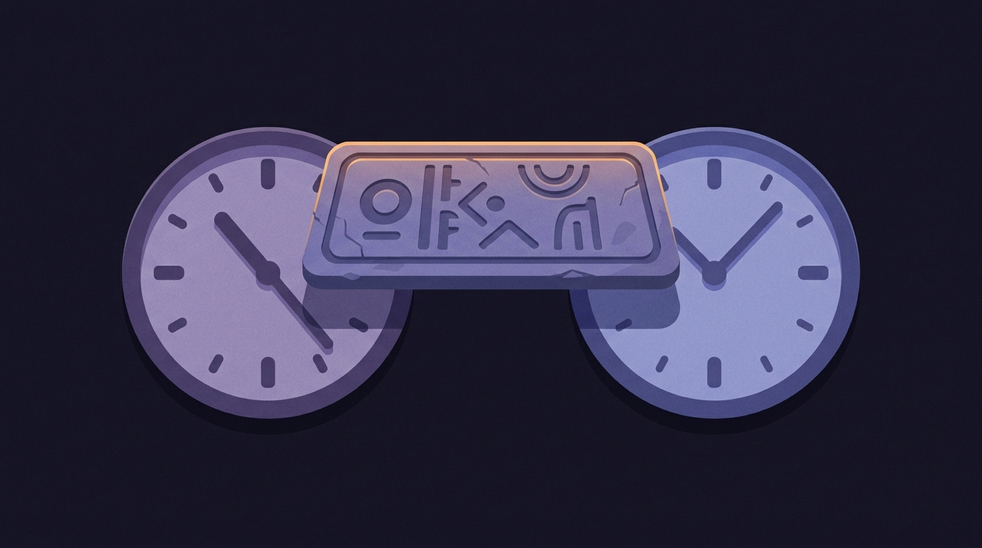 A single carved stone tablet resting balanced across the faces of two large wall clocks whose hands point to different hours.