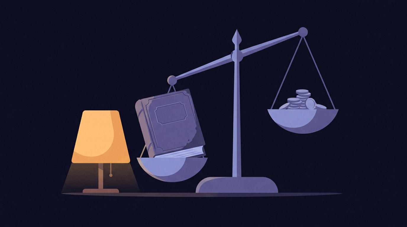A worn hardback book sitting in one pan of a large balance scale on a desk, a small pile of coins in the other pan, the scale tipping toward the book, lit by a single lamp.