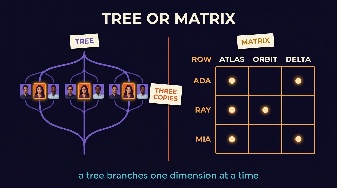 Two panels. The tree branches down to person cards, and the same woman's card appears three times on three different branches, each repeat outlined, beside a card reading three copies. The matrix holds the same information as a grid, people down the rows and projects across the columns, one dot at each intersection where a person works on a project, with no duplicate anywhere.