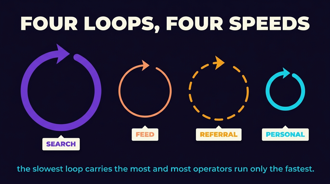 Four loop arrows in a row at four different sizes and stroke weights, the heavy violet search loop largest and the bright cyan personal loop smallest.