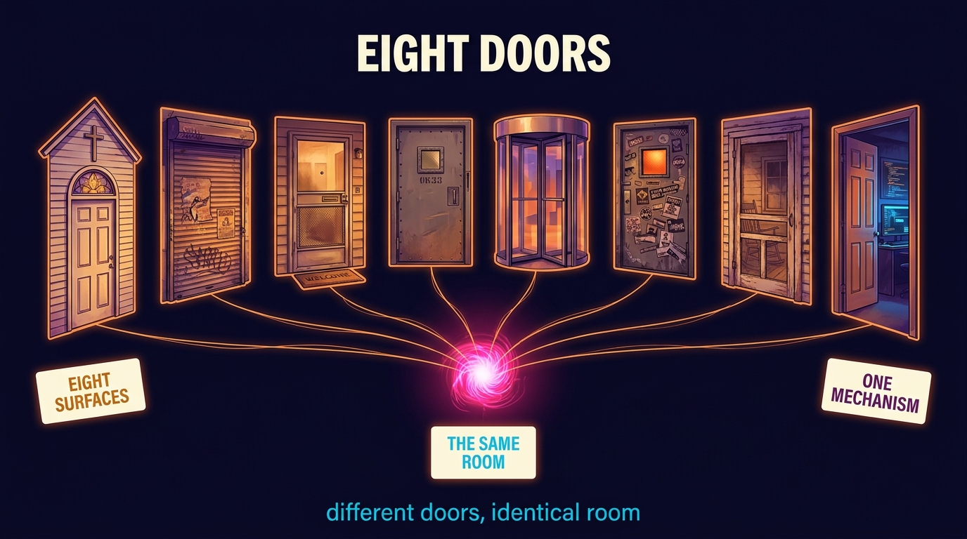 Eight ordinary doorways stand in a shallow arc: a white clapboard church door, a graffitied rolling steel shutter, a suburban screen door on a welcome mat, a steel barracks door, a glass revolving office door, a sticker-covered basement venue door, a farmhouse porch door, and a bedroom door lit from inside by a computer monitor. Threads run inward from all eight and converge on one core of light at the center.