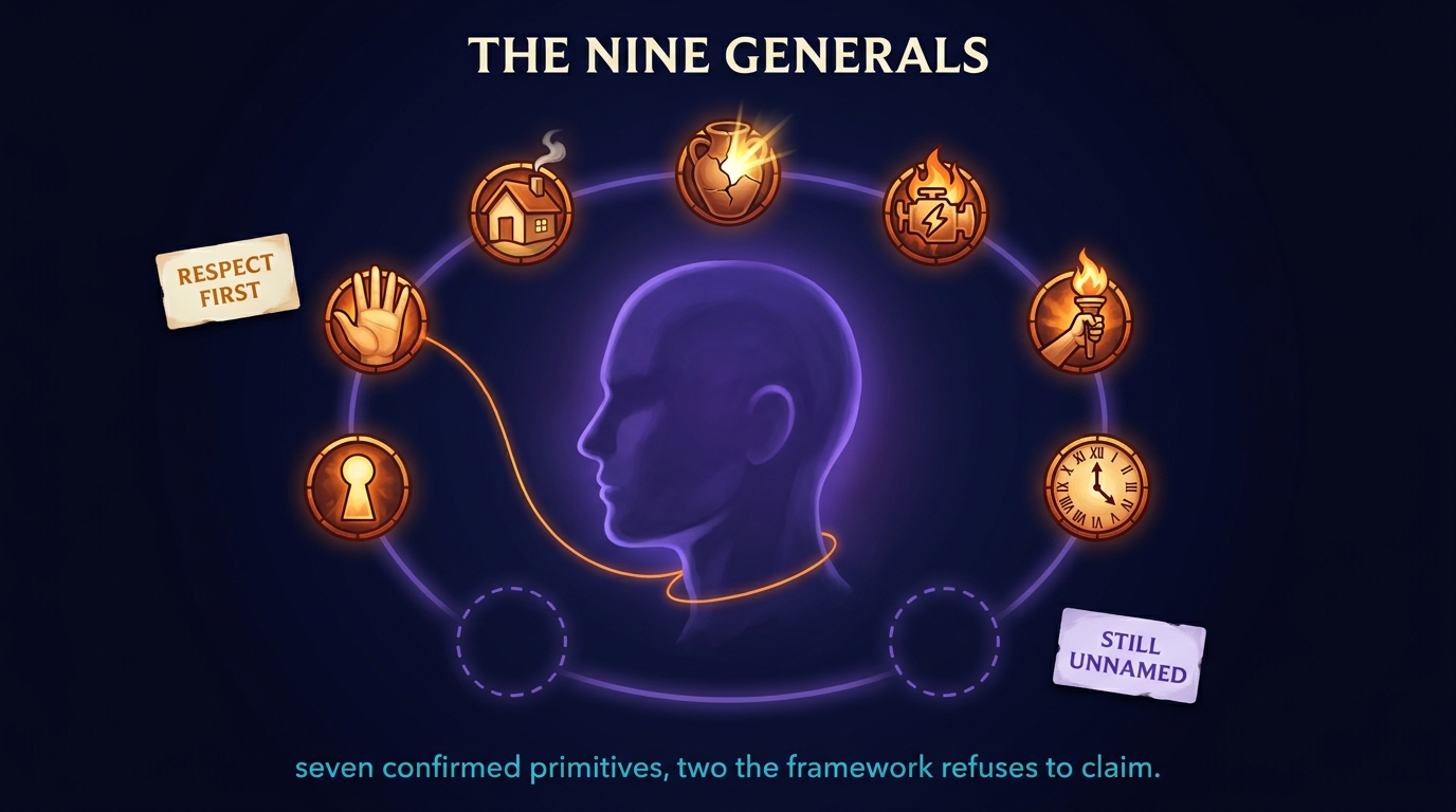 A head in profile sits at the center of a ring of nine positions. Seven carry emblems: an open hand, a house, a cracked vessel releasing light, a burning engine, a raised torch, a clock, and a keyhole. Two positions are empty dashed outlines marked still unnamed. A thread joins the open hand to the head, marked respect first.