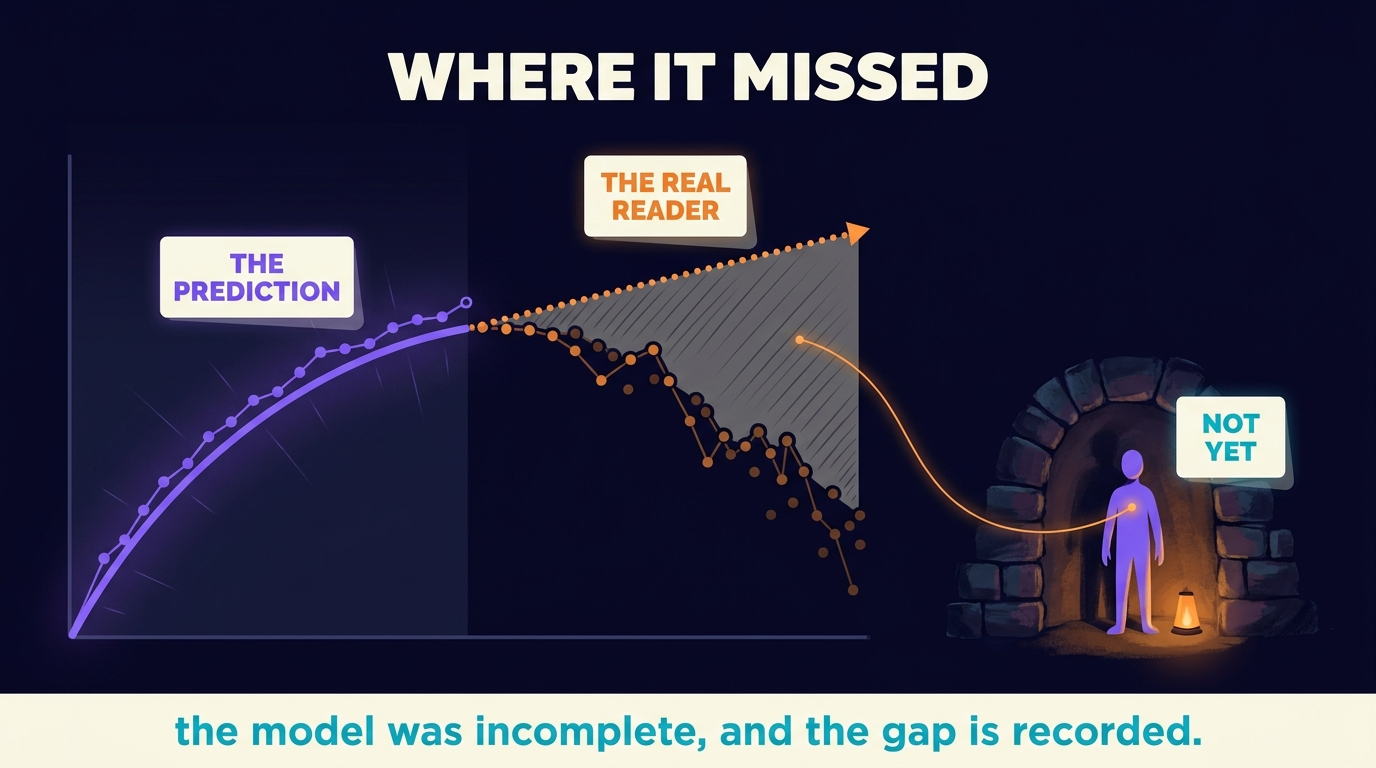 A smooth arc of plotted points rises confidently, tagged the prediction. It carries on as a dotted projection while the actual points diverge sharply downward, the gap shaded and tagged the real reader. At the right, a figure stands inside a low sheltering arch with a small lamp, tagged not yet, and a thread runs from the divergence to the figure.