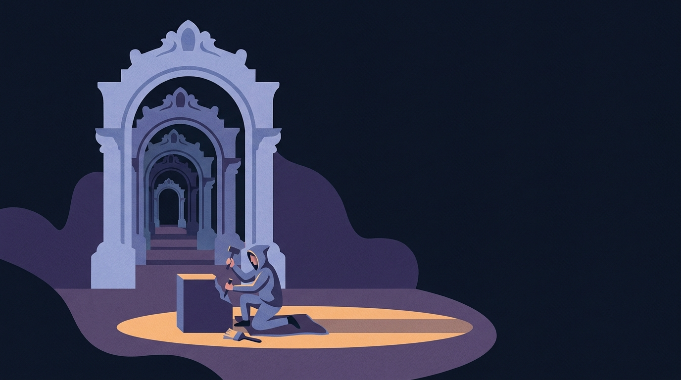 A long avenue of ceremonial stone arches receding into darkness, each one more ornate than the last. At the near entrance one person kneels on a small mat doing the actual work with three simple tools.