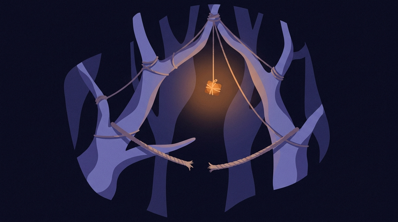 A rope rigging shaped like a branching tree hanging in a dark hall. One direct rope that would have run sideways between two low branches has been cut, and its severed ends dangle beside the gap it left.